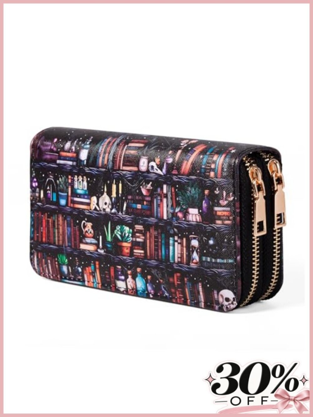Gothic Bookshelf Skull Wallet Double Zipper PU Leather Card Holder Cash